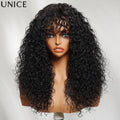 UNice Pre Cut Pre Bleached Boho Curly Wig With Bangs Natural Black 4x2 Lace T Part 100% Human Hair Glueless Drawstring Wig