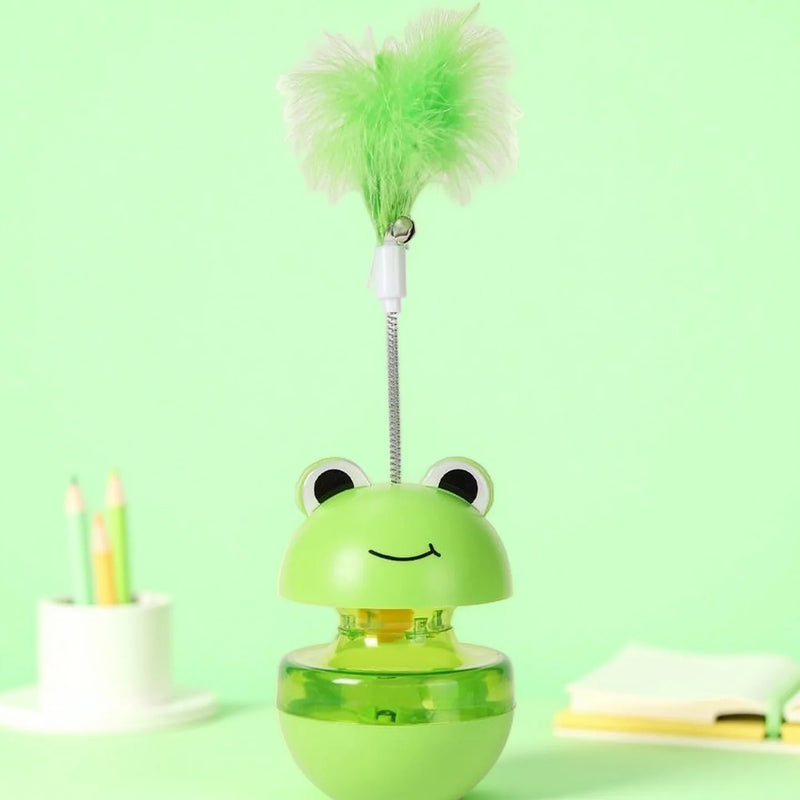 Frog Wobbler Cat Toy with Feather Teaser Spin Tipping Motion Treat Dispenser Self Feeder for Indoor Solo Play