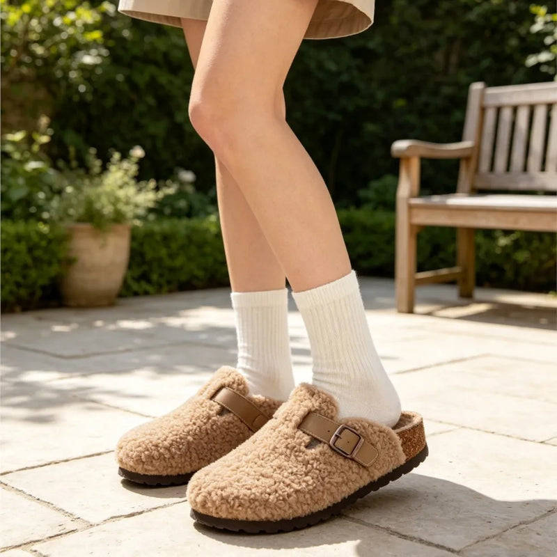 Kidmi Women's Cork Insole Clogs Winter Warm Lined Non-slip Mules Slipper With Adjustable Buckle Lady Cozy Bedroom Potato Shoes
