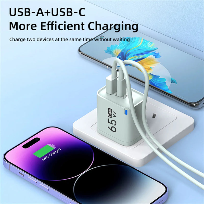 65W GaN Type C USB Fast Charge Chargers Dual Ports Cellphone Power Adapter For Samsung Huawei Xiaomi iPhone USB C Wall Charger