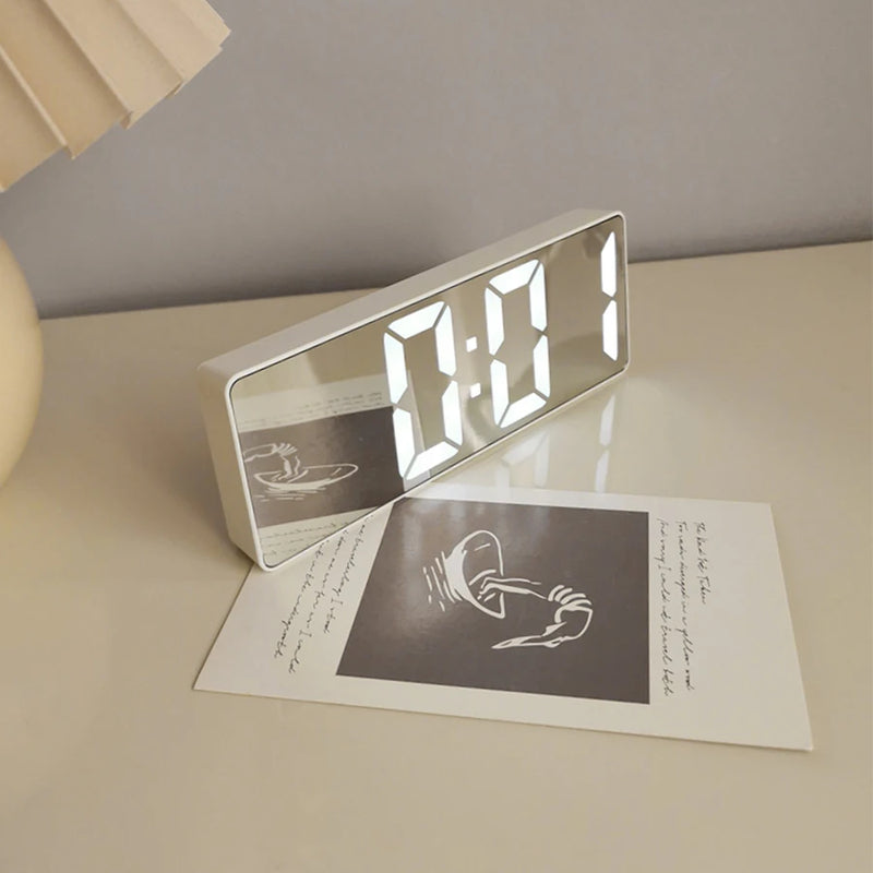 Modern Minimalist Voice-Control Alarm Clock, Black & White  Multi-Functional & Portable LED Mirror-Surface Digital Clock