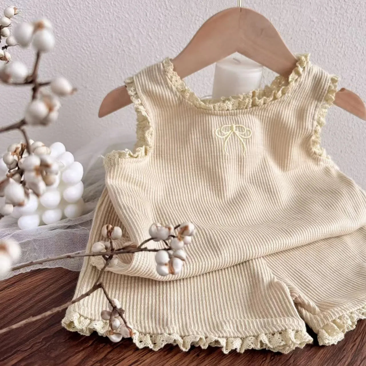 TZ2617 Korean Style 2025 Children's Lace Earlette Vest Cute Summer Sleeveless Top Shorts Thin Set for Girls Kids Fashion Outfit