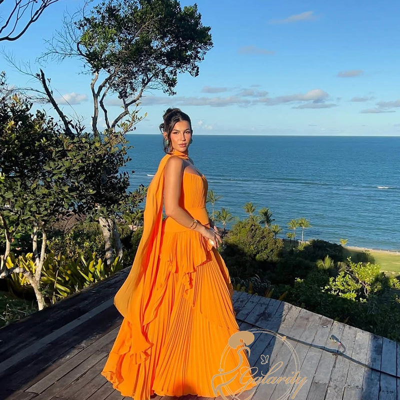 Galarity Luxury Orange Evening Dresses Strapless Pleated | SAMAG