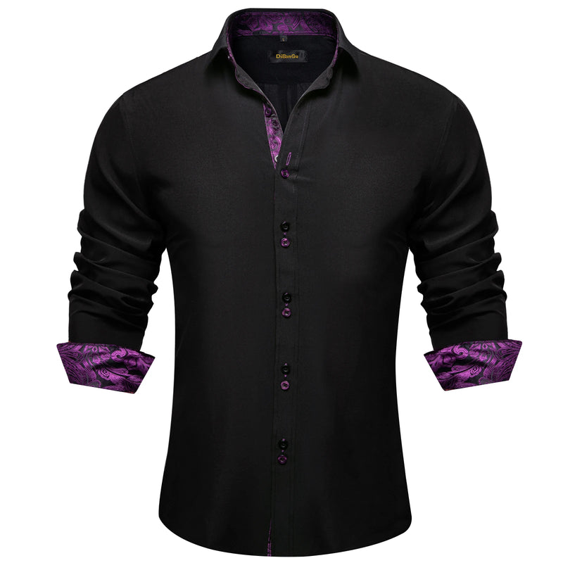 DiBanGu Men Shirt Long Sleeve Black Solid Red Paisley | SAMAG