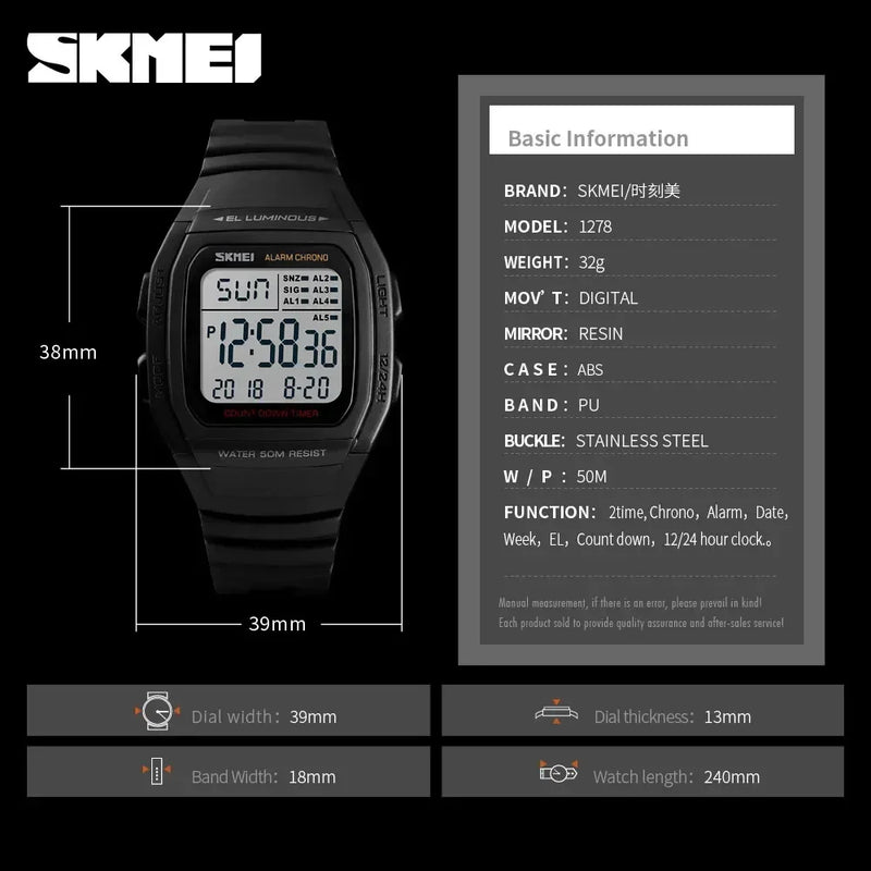 SKMEI 1278  Chrono Countdown Men Wristwatch  Casual Outdoor Male Clock Luminous montre homme Digital Dual Time Sport Mens Watche