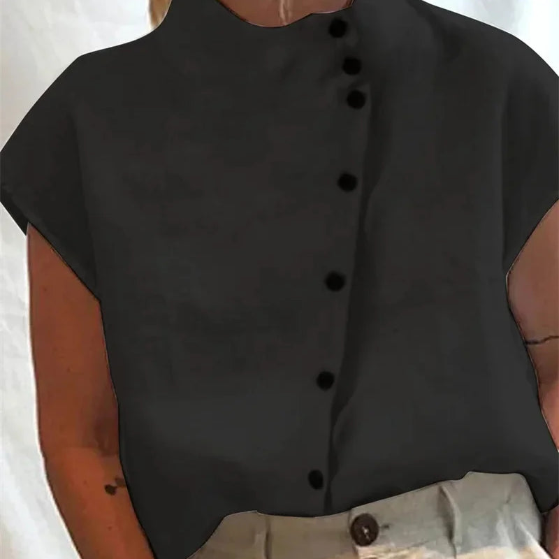 Elegant Cotton Linen Stand Neck Shirt Female Summer - View 10 | SAMAG