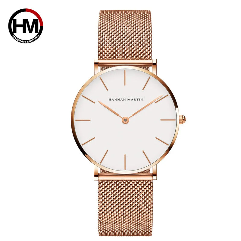 Stainless Steel Mesh Strap Women's Watch 36mm Silver Minimalist Dial Japanese Quartz Movement 6.9mm Slim Clock 3Bar Life Waterproof Local Fast Shipping Hannah Martin Brand Watch