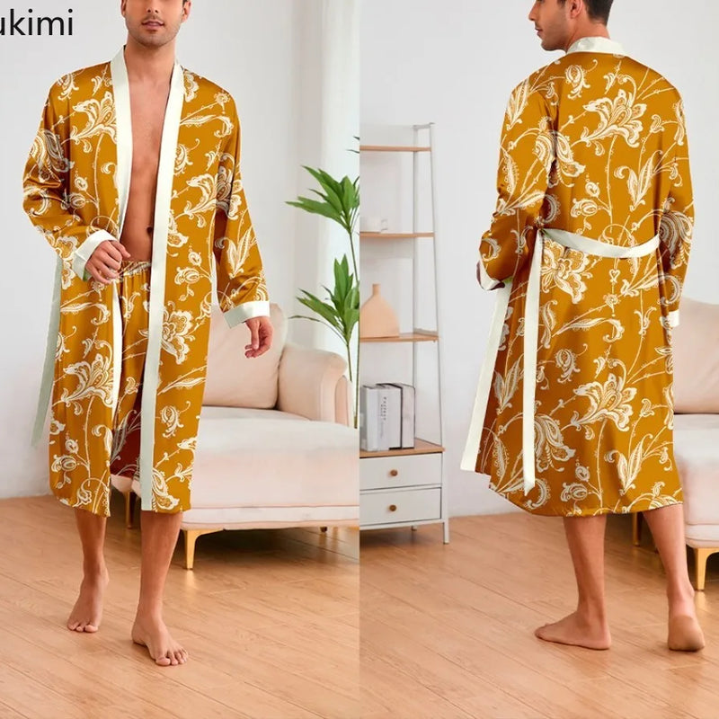 Men's Ice Silk Sleepwear Two-piece Set Kimono Bathrobe Gown Long Robe Pajamas Set Print Tiger Loose Casual Homewear Lounge Wear