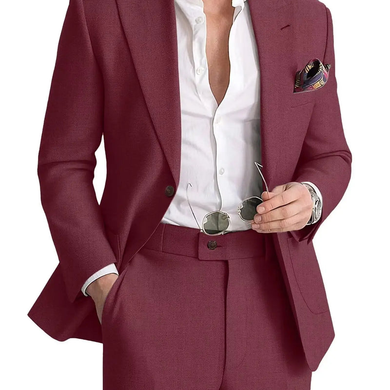 Mens Linen Suit 2 Piece Casual Suits for Men Summer Beach Groom Wedding Suit Linen Blazer Pants Set