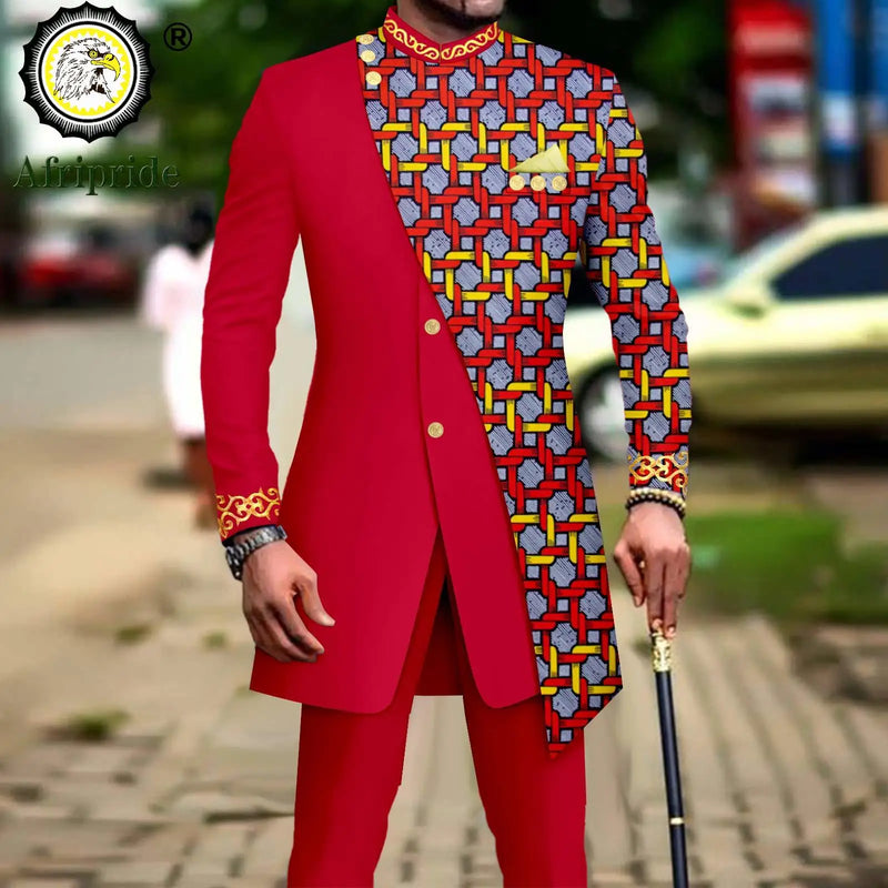 African Suits for Men Embroidery Print Blazer and Pants Set Business Dress with Kerchief Party Wedding - View 19 | SAMAG
