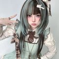 28Inch Lolita Style Mint Chocolate Synthetic Wigs with Bangs Long Natural Straight Hair Wig For Women Cosplay Heat Resistant