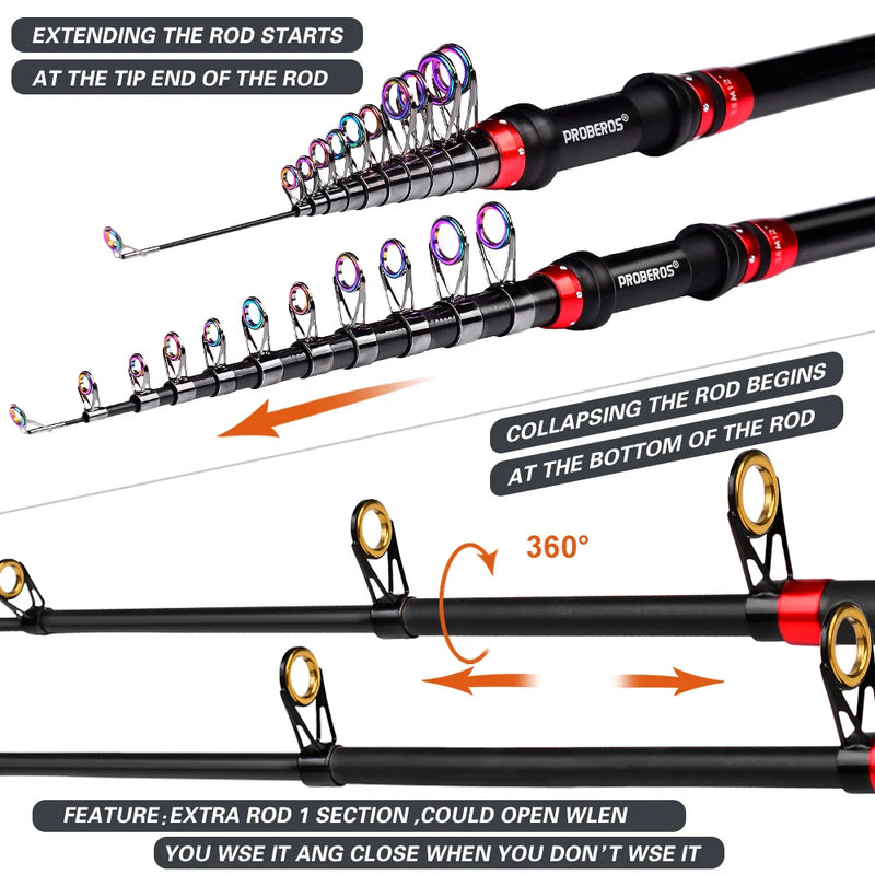Proberos Fishing Pole Set Full Kits With Telescopic Fishing Rod And Spinning Reel Baits Hooks Travel Pole Set