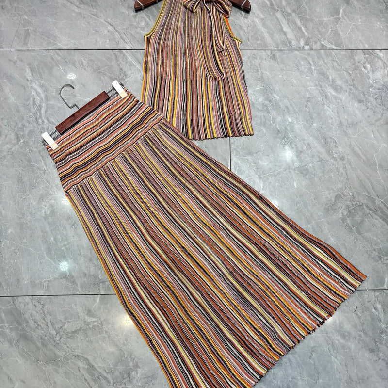 Metallic Colorful Striped Knit Skirt Set Women 2026 New Classic Halter Neck Sleeveless T-Shirt+Slim Versatile Skirt 2-Piece Set