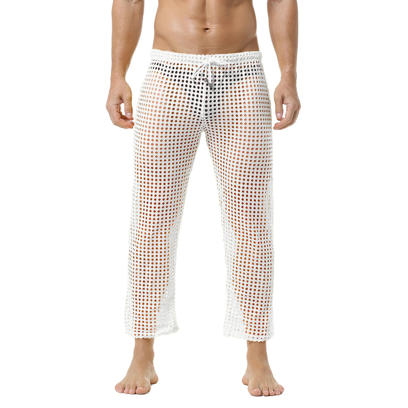 Men's Fishnet Hollow Out Robes Classic Lounge Pants Sexy Sleepwear Mens Robe Sets Daily Home Sleeveless Bathrobes Hooded Pajamas