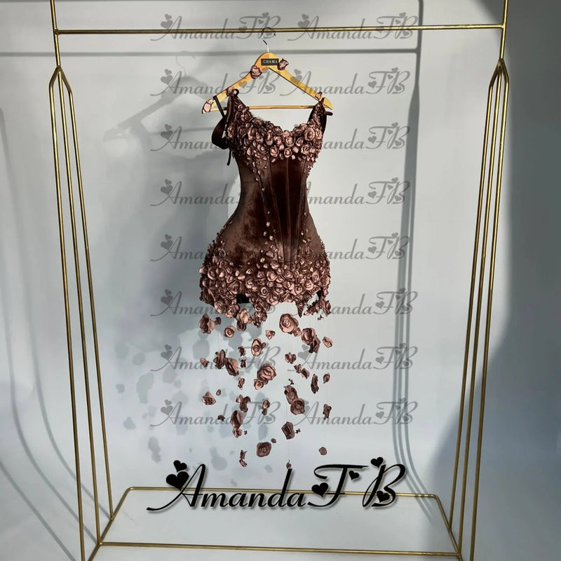 Amanda Fashionable 3D Flowers Cocktail Homecoming Dress Scoop Neck Velvet Special Occasion Gown Robes De Soiree Customized