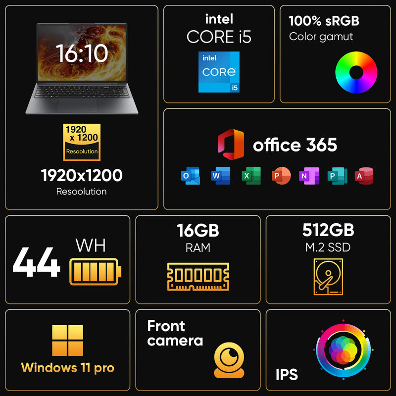 16" Laptop Computer Intel Core i5 Processor Win11 Pro Laptop 16GB RAM 512GB SSD 1920 x 1200 16:10 Display  with Backlit Keyboard