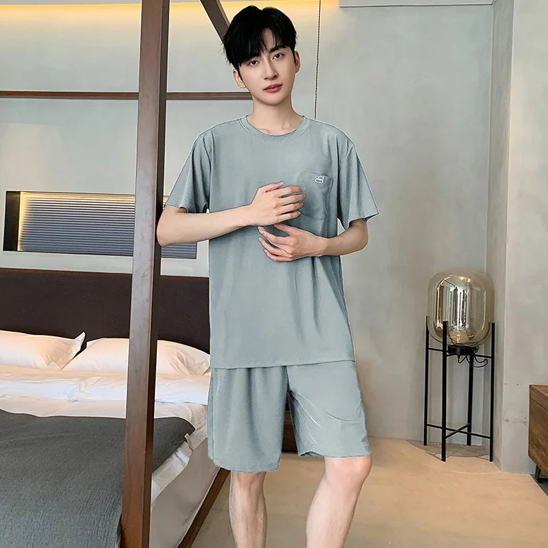 Summer New Men's Pajamas Homewear Set Men's Short-Sleeved Shorts Teenage Students Solid color Casual Pajamas Homewear Set