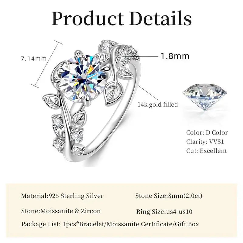 Lnngy Round Cut 8mm Moissanite Engagement Ring for Women 14K Gold Filled Leaf Design Twist Shank Rings Exquisite Jewelry Gift