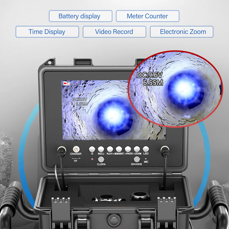 Sewer Pipe Inspection Camera 9“ IPS +Dual-Lens 1080P Sewer Camera +Meter Counter+5/7MM Fiberglass Cable+512HZ Self-leveling