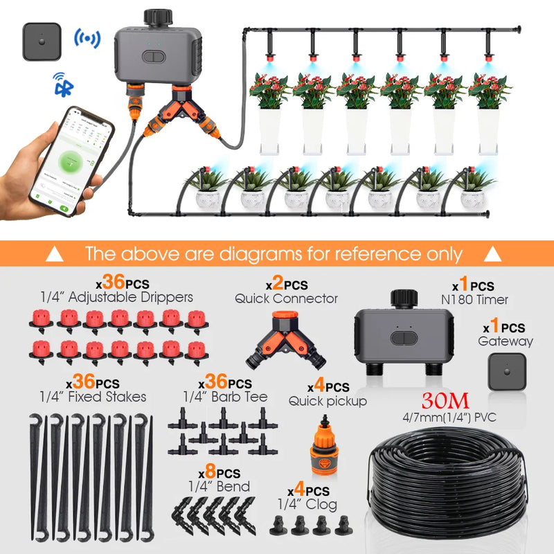 Garden Smart Bluetooth APP Remote Control Timer Irrigation Set 1/4'' Hose Adjustable 8-hole Sprinkler Automatic Watering System