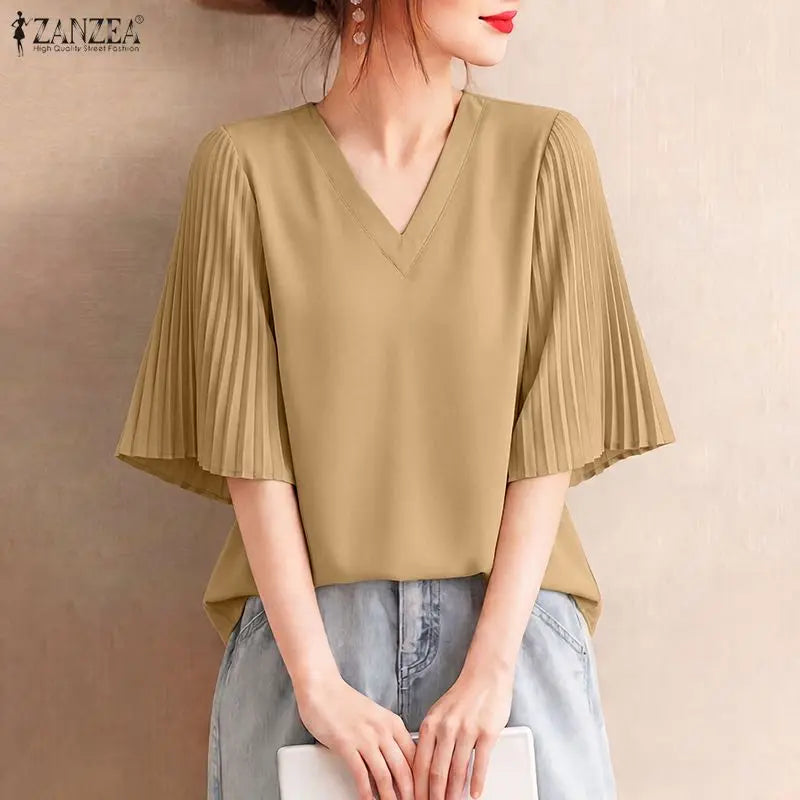 ZANZEA Summer Elegant V Neck Short Sleeve Blouse Women - View 2 | SAMAG