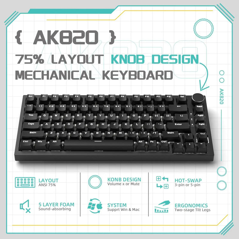 AJAZZ AK820 Wired With Rotary Volume Buttons Hot-Swappable Keys For Office AndHome Mechanical Keyboards DIY