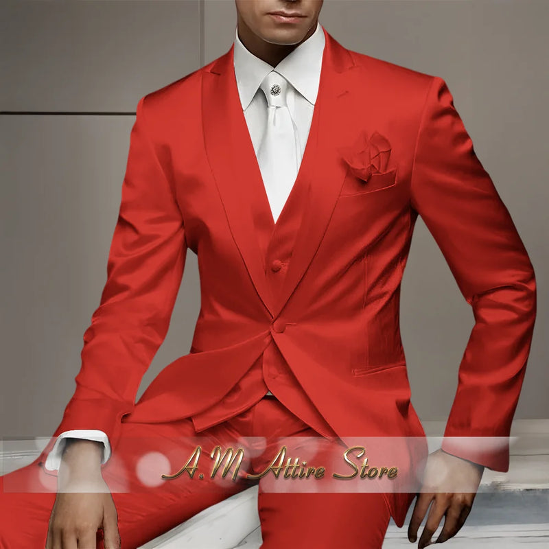 Men's Wedding Party Suits 3 Piece White Satin Mikado Jacket Vest Pants Set for Summer Banquet Party Father Gift Tailored Fit