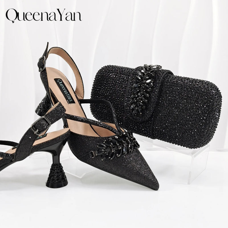 Queena Yan New Arrival Fashionable Olive Color Diamond Decorative Party Wedding Pointed Toe Women's High Heels and Bag Set