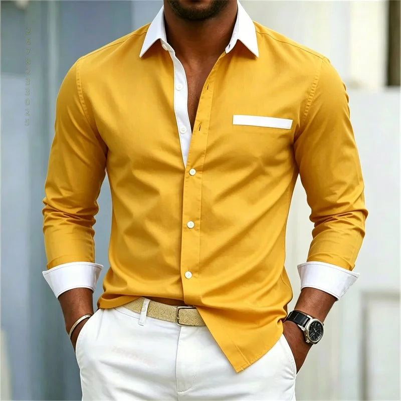 Men's shirt color blocking black and white lapel slim fit | SAMAG