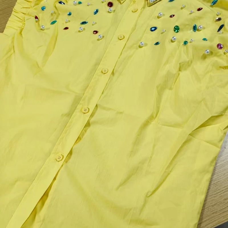 Real Photo Pearls Beads Stitch Cotton Loose Casual Shirts - View 4 | SAMAG