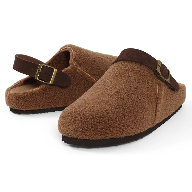 Smile Popcorn New Ladies Fluffy Sherpa Lined Clog Mules Suede Buckle Strap Non Slip Soft Warm Plush Indoor Home Slippers Women
