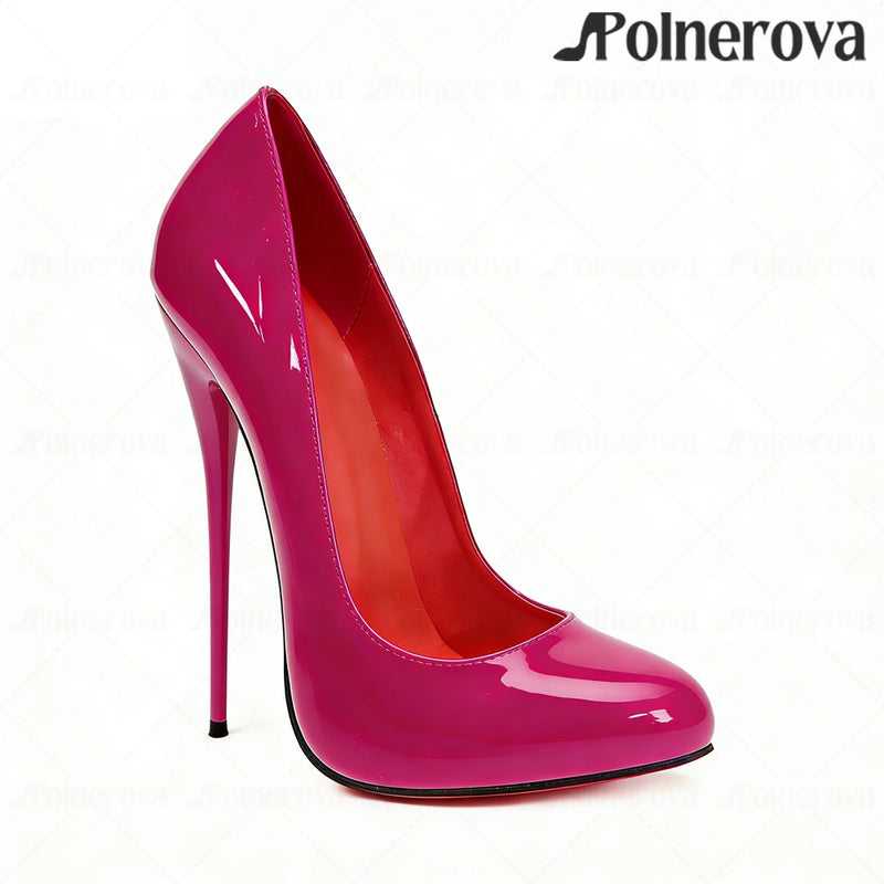 16cm Brown Patent PU Leather Pumps Sexy Style Sliop on Round Toe High Heels Ultimate Lacquered Heel Pumps Women's Daily Footwear
