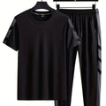 Summer men's new striped printed men's polyester breathable round neck T-shirt and pants set outdoor casual wear