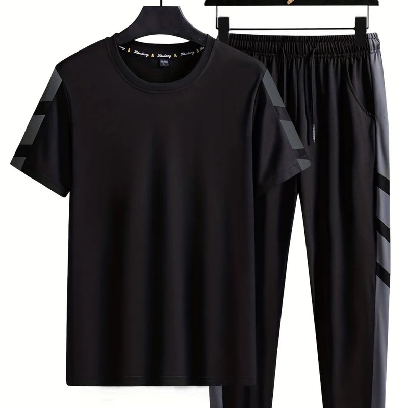 Summer men's new striped printed men's polyester breathable round neck T-shirt and pants set outdoor casual wear