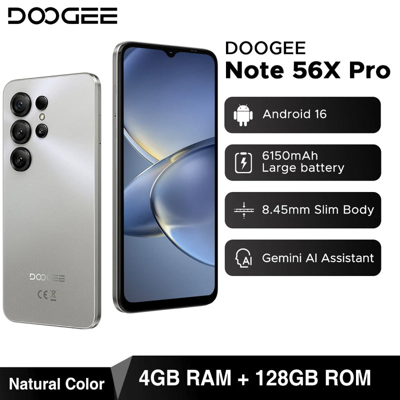 DOOGEE Note56 X PRO Mobile Phone 8.45mm Slim Body 6150mAh Battery Gemini Al Assistant Widevine L1 Android 16 Smartphone NFC