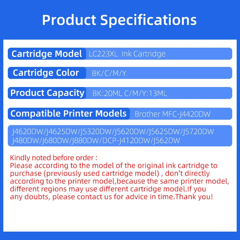 223XL LC223 LC221 LC 223 XL Ink Cartridge Compatible for Brother DCP-J562DW J4120DW MFC-J480DW J680DW J880DW MFC-J5320DW Printer