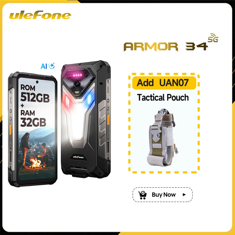 Ulefone Armor 34+ 5G Rugged Phone Smartphone Android 15 25500mAh 66W Up to 32GB+512GB 6.95" 120Hz Display Versatile LED Light