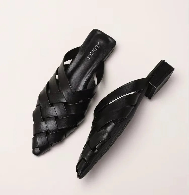 Woven Mules Outdoor Slippers Summer Beach Casual Slides Shoes Point Toe Low Heel Sandals Women Muller Zapatos Big Size 43 мюли 뮬