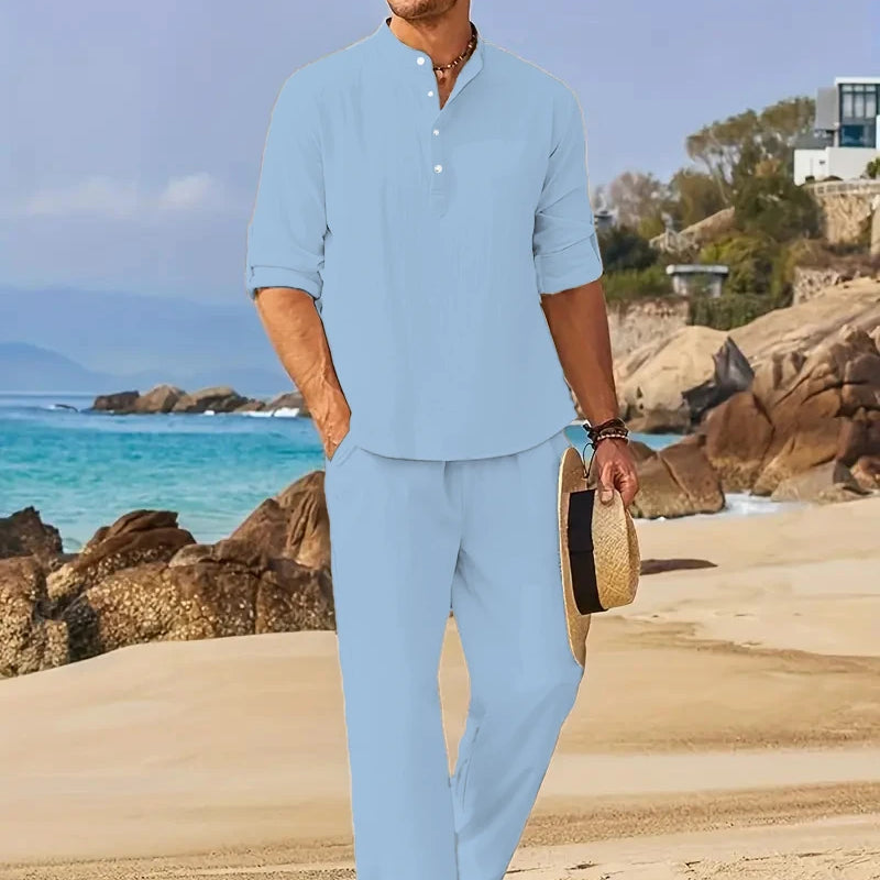 Men's White Linen Suit Set Long Sleeve Henley Shirt | SAMAG