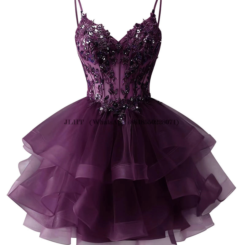 Customized Tiered Tulle A Line Homecoming Dress For Teens Sparkly Lace Applique Beaded Short Prom Dress Mini Cocktail Party Gown