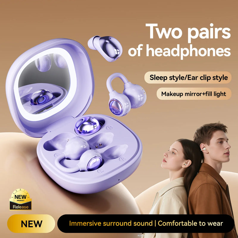 Bluetooth Headphones with Makeup Mirror Case, 48H Audífonos AI Noise Reduction, Open-Ear Earphones for Sports & Sleep