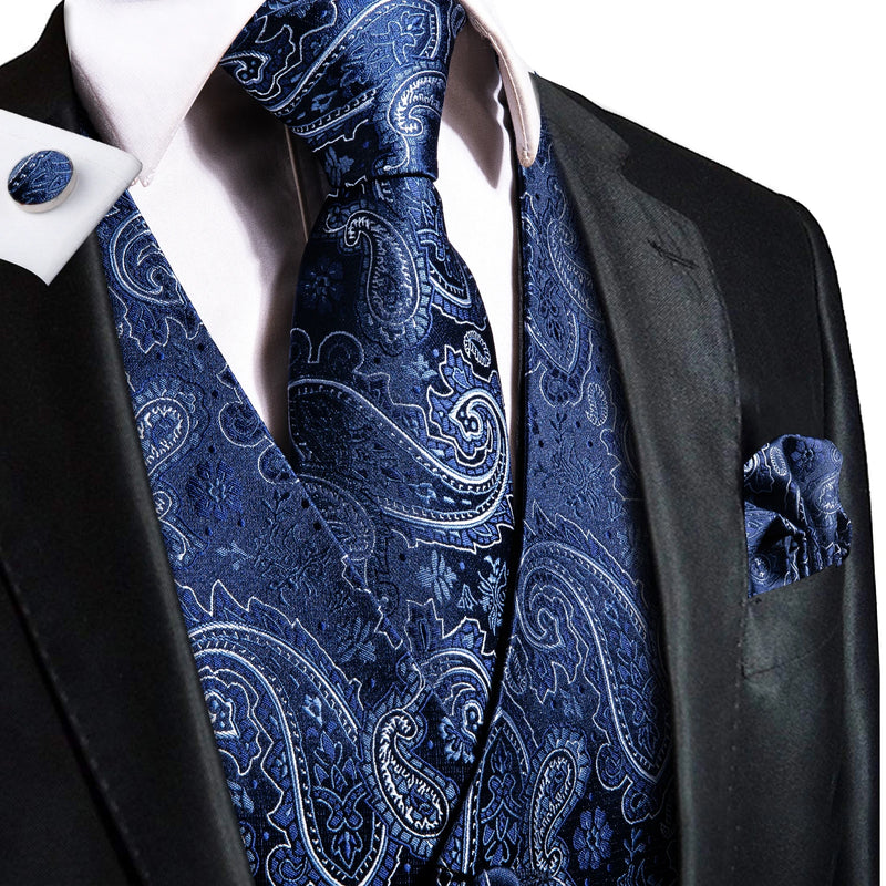 Hi-Tie Navy Blue Mens Vest Formal Paisley Waistcoat Jacket Tie Handkerchief Cufflinks Set For Male Dress Suit Wedding Party