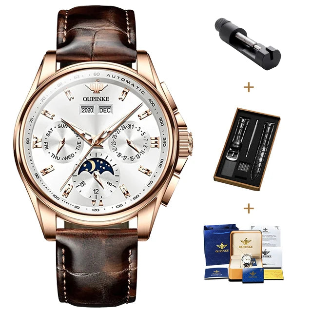 OUPINKE 3189 Automatic Watch for Men Genuine Leather Strap Waterproof Moon Phase Man Watches Luxury Men's Mechanical Wristwatch