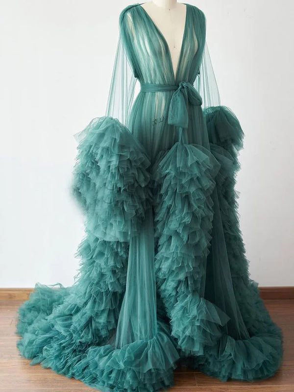 Women's Dressing Gown Perspective Sheer Long Tulle Robe Puffy Pregnancy Maternity Dress for Baby Shower Nightgown Sleepwear