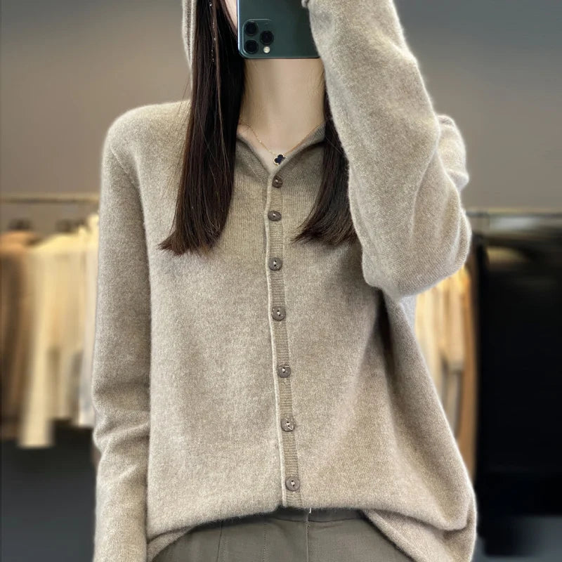 Hooded Cashmere Cardigan 100% Merino Wool Women's Sweater - View 5 | SAMAG