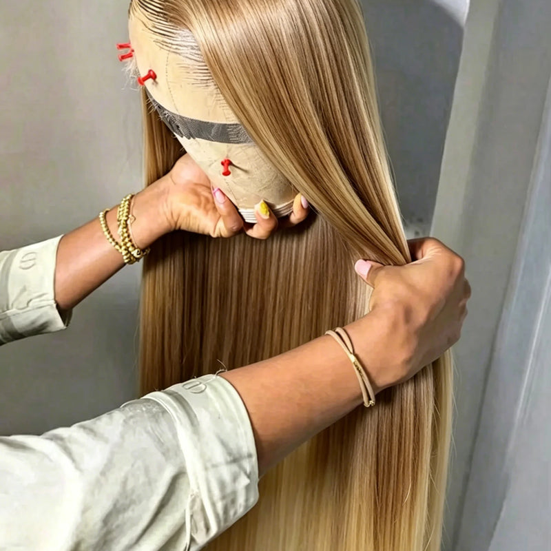 13x4 5x5 Glueless HD Lace Closure Wig 4/27 Highlight Straight Human Hair Pre Plucked Hairline 250 Density Wigs For Women
