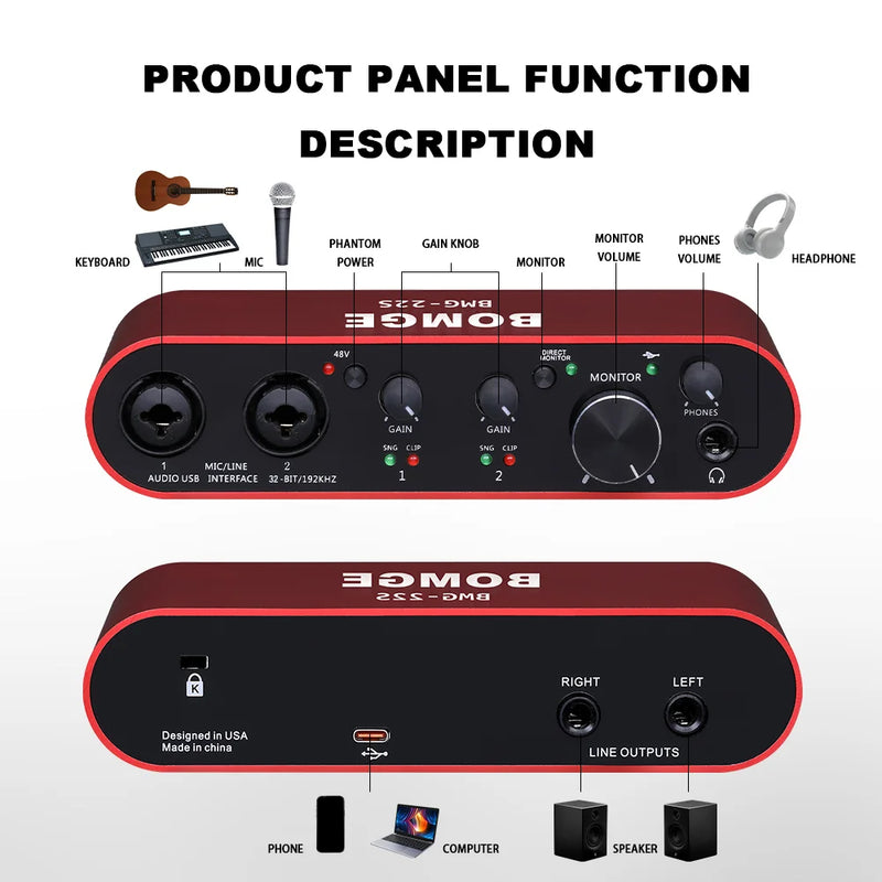 Audio Interface BOMGE BMG-22S  32-bit/192kHz Professional Sound Card And dual channel Amplifier Are Used For Live Recording