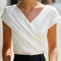 Women Elegant V Neck Cross Wrap Blouse Short Sleeve | SAMAG