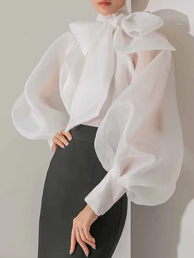 Elegant Soild Mesh Tops Women Korean Puff Sleeve Bow Tie | SAMAG