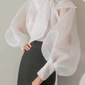 Elegant Soild Mesh Tops Women Korean Puff Sleeve Bow Tie | SAMAG